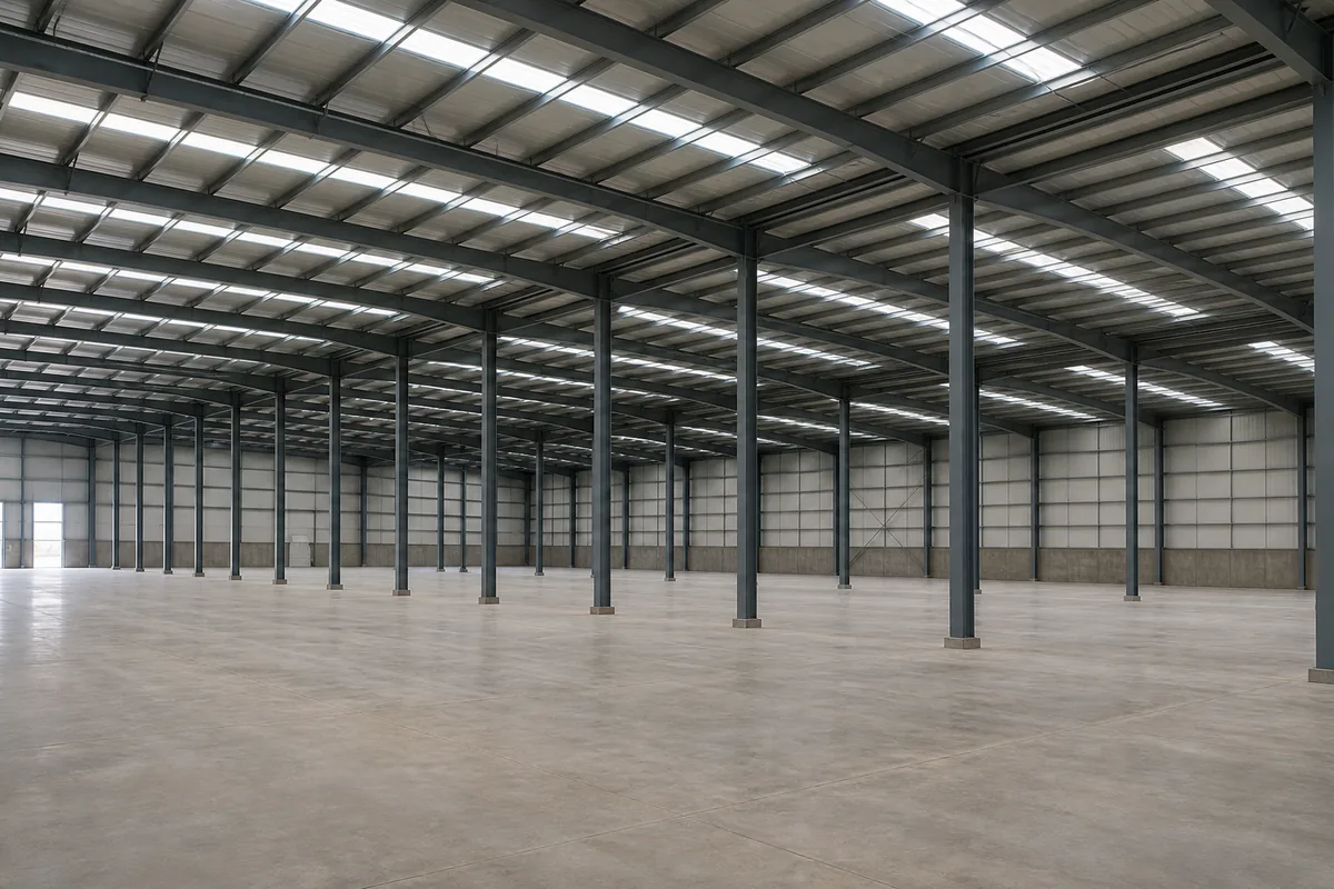 Multi span steel warehouse with economical interior column spacing
