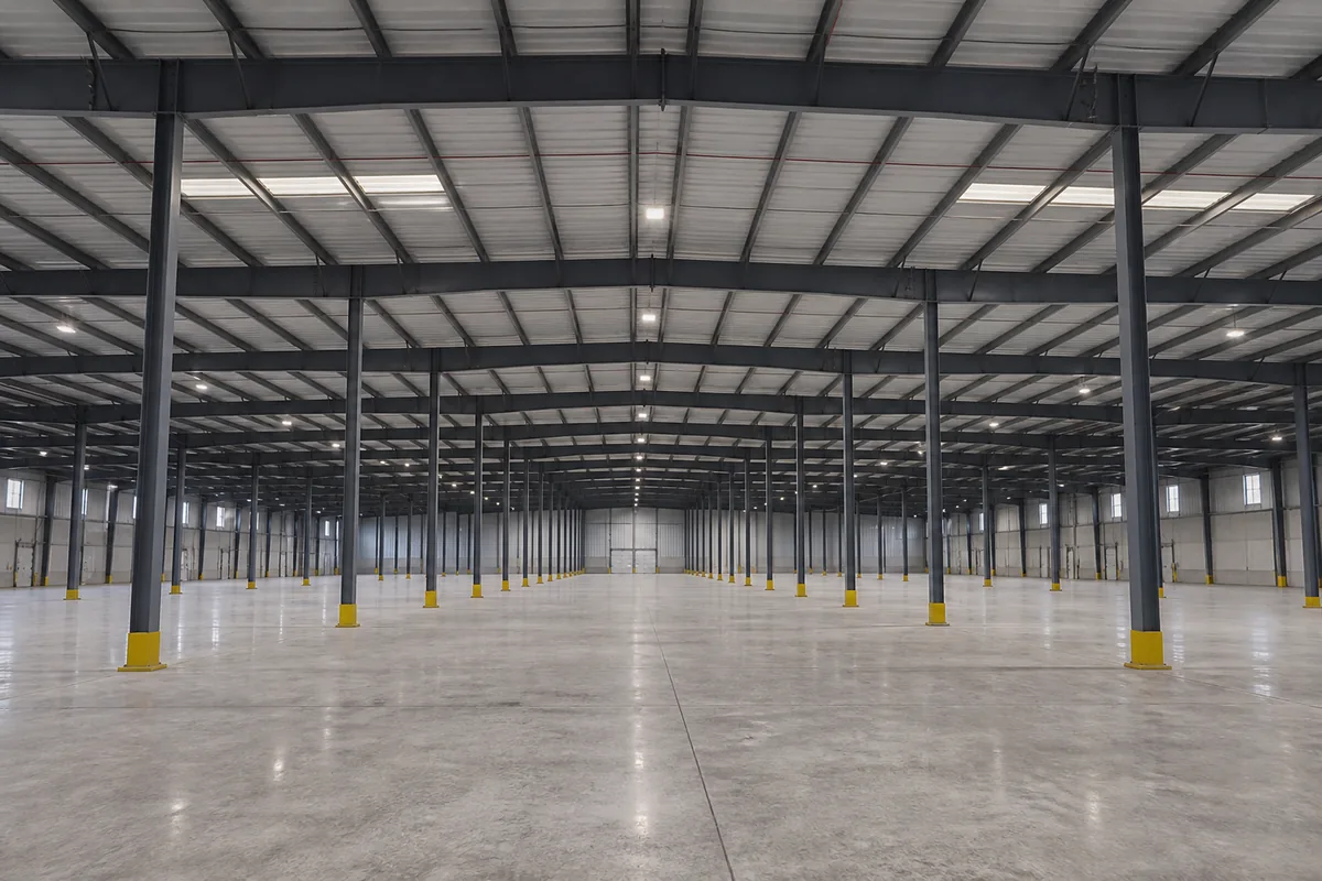 Multi-span steel warehouse interior with regular rows of structural columns