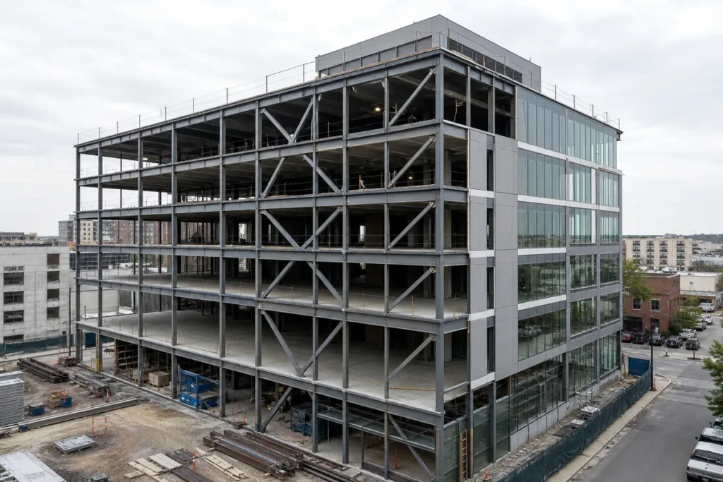 Edificio de estructura de acero de varios pisos con marco arriostrado expuesto y fachada completa
