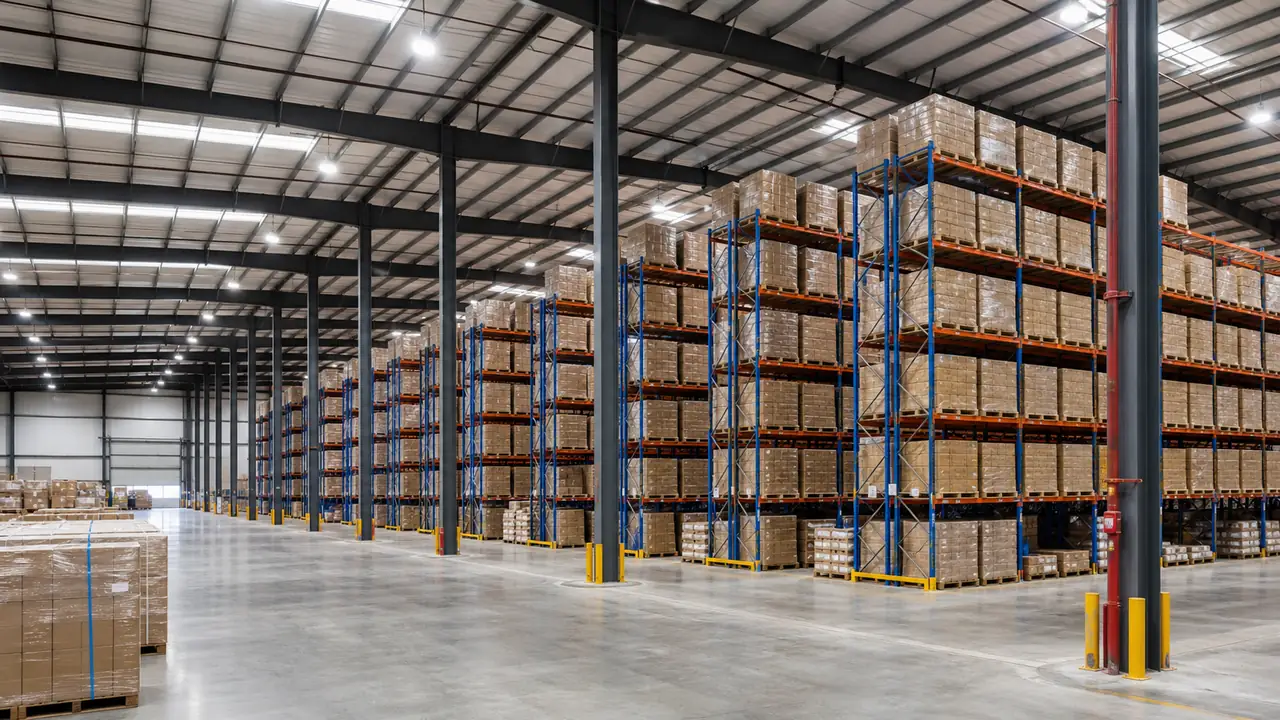 Pallet racking layout inside a high-density steel warehouse