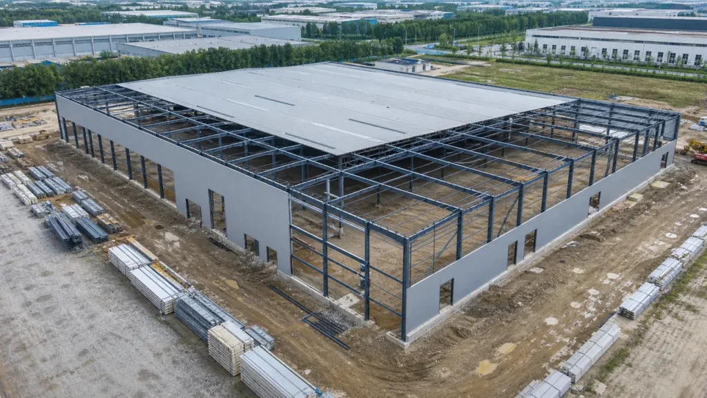 Prefabricated steel warehouse for automotive parts under construction