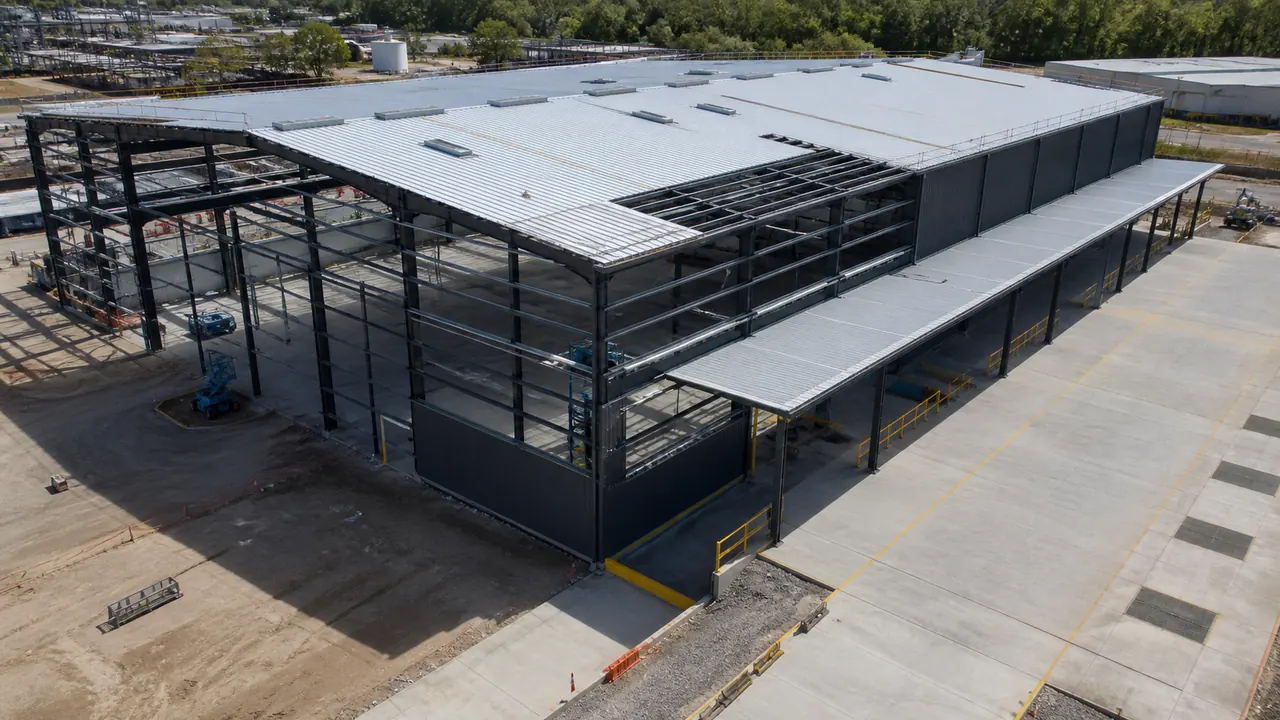 Prefabricated steel warehouse for chemical storage under construction