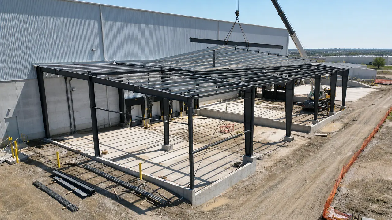 Prefabricated industrial steel canopy structure under installation