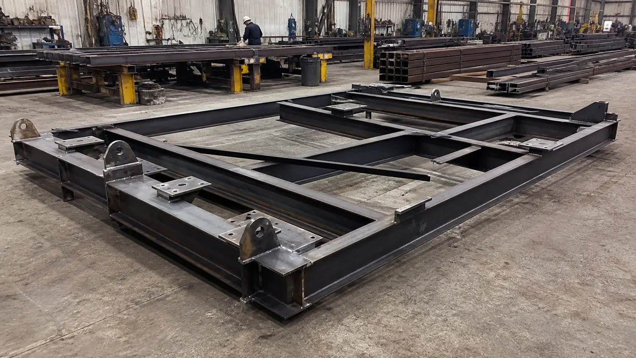 Prefabricated industrial steel skid frame under factory assembly