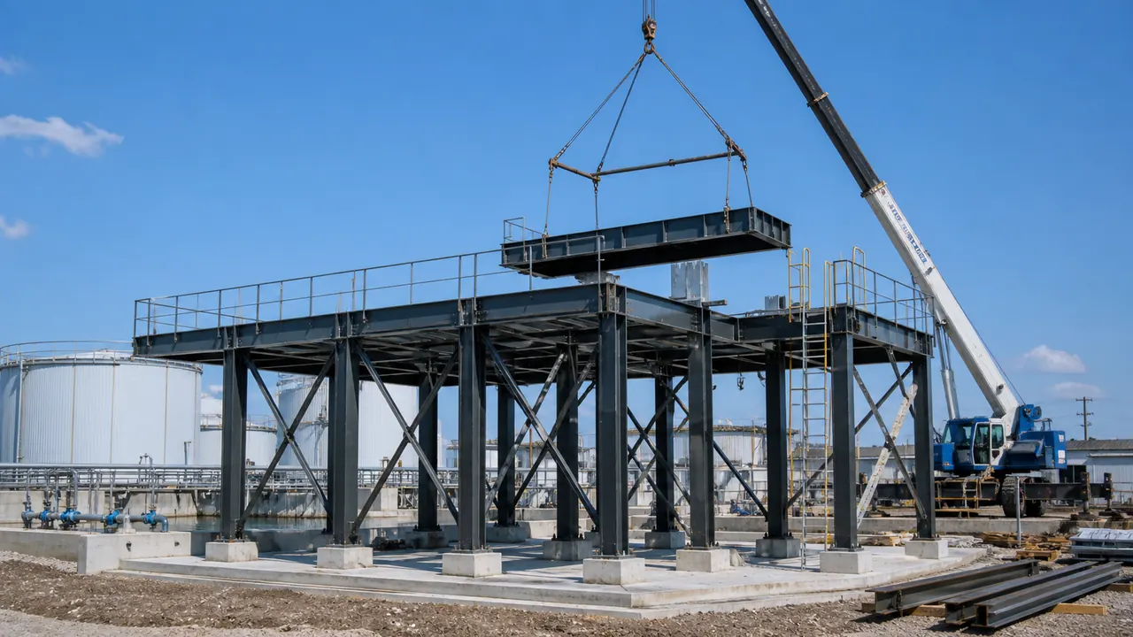 Prefabricated industrial steel tank support structure under construction