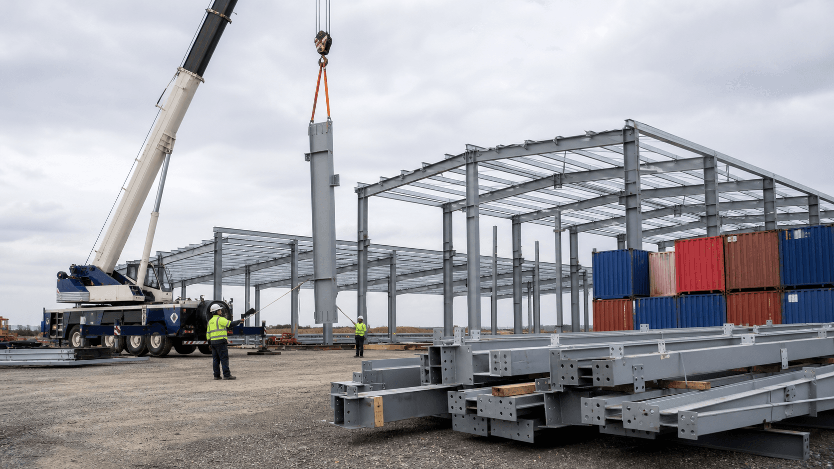 Prefabricated steel building delivery and on-site erection
