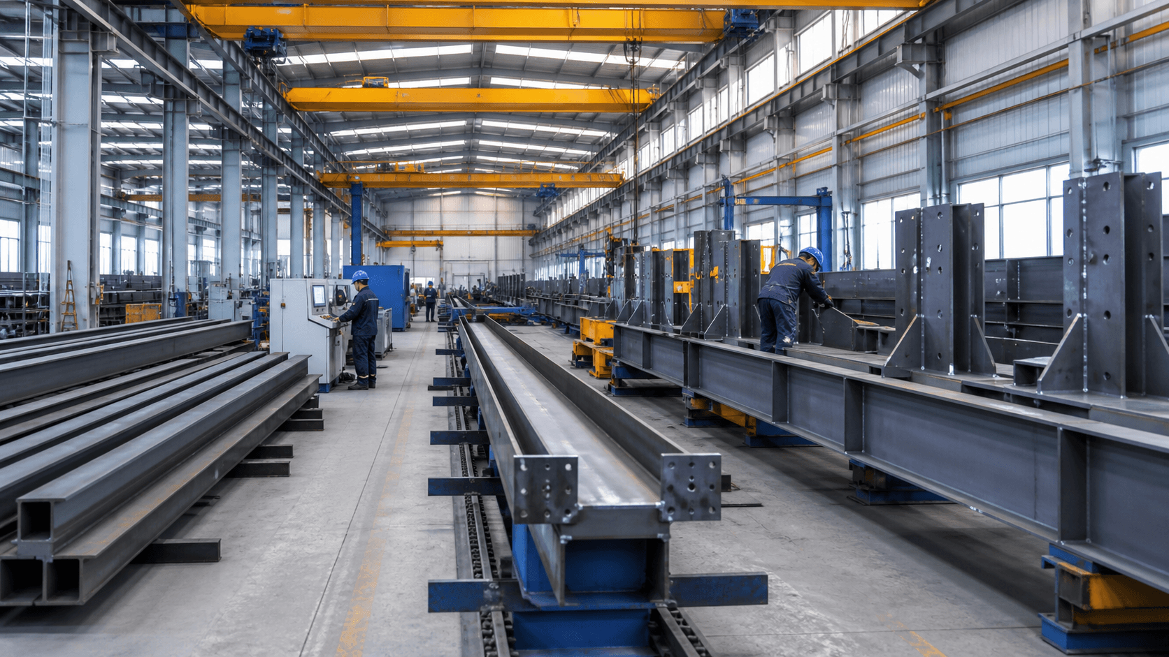 Prefabricated steel building manufacturing process inside a modern fabrication facility