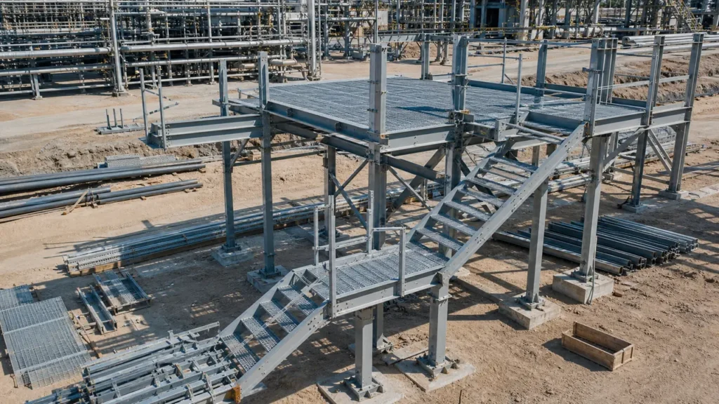 Prefabricated steel stair platform structure under construction for an industrial plant