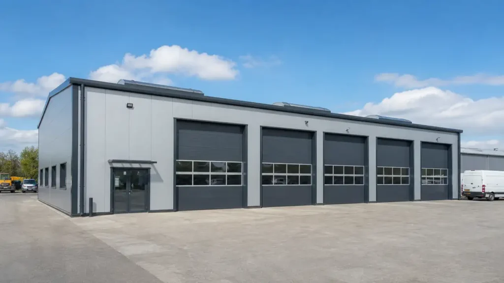 Prefabricated steel vehicle repair workshop building with service bays