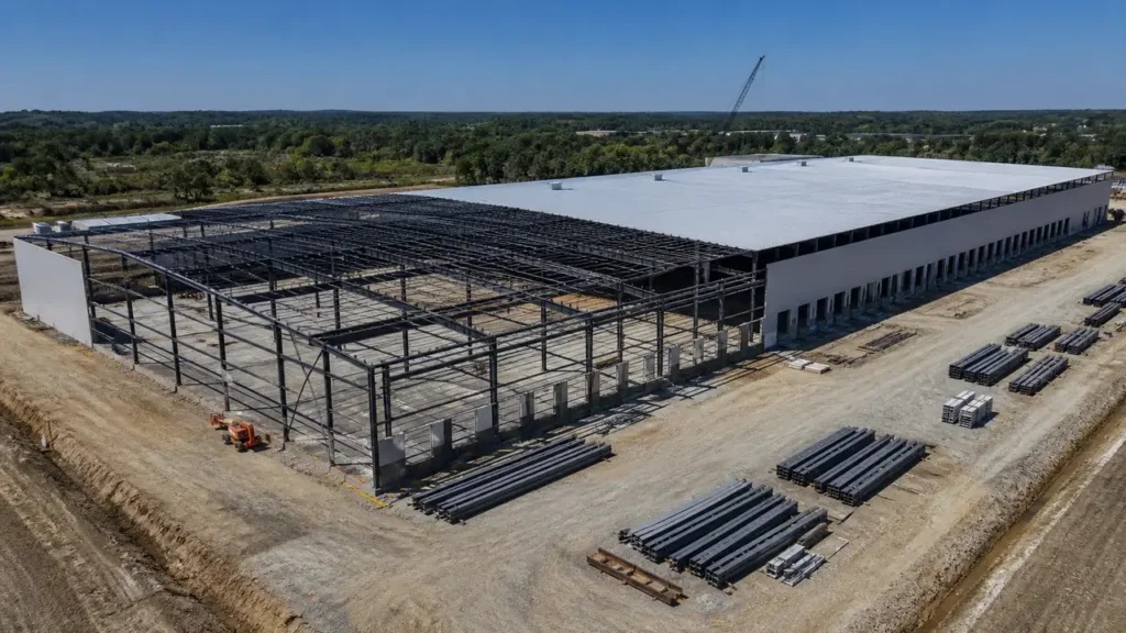 Prefabricated steel warehouse fulfillment center under construction