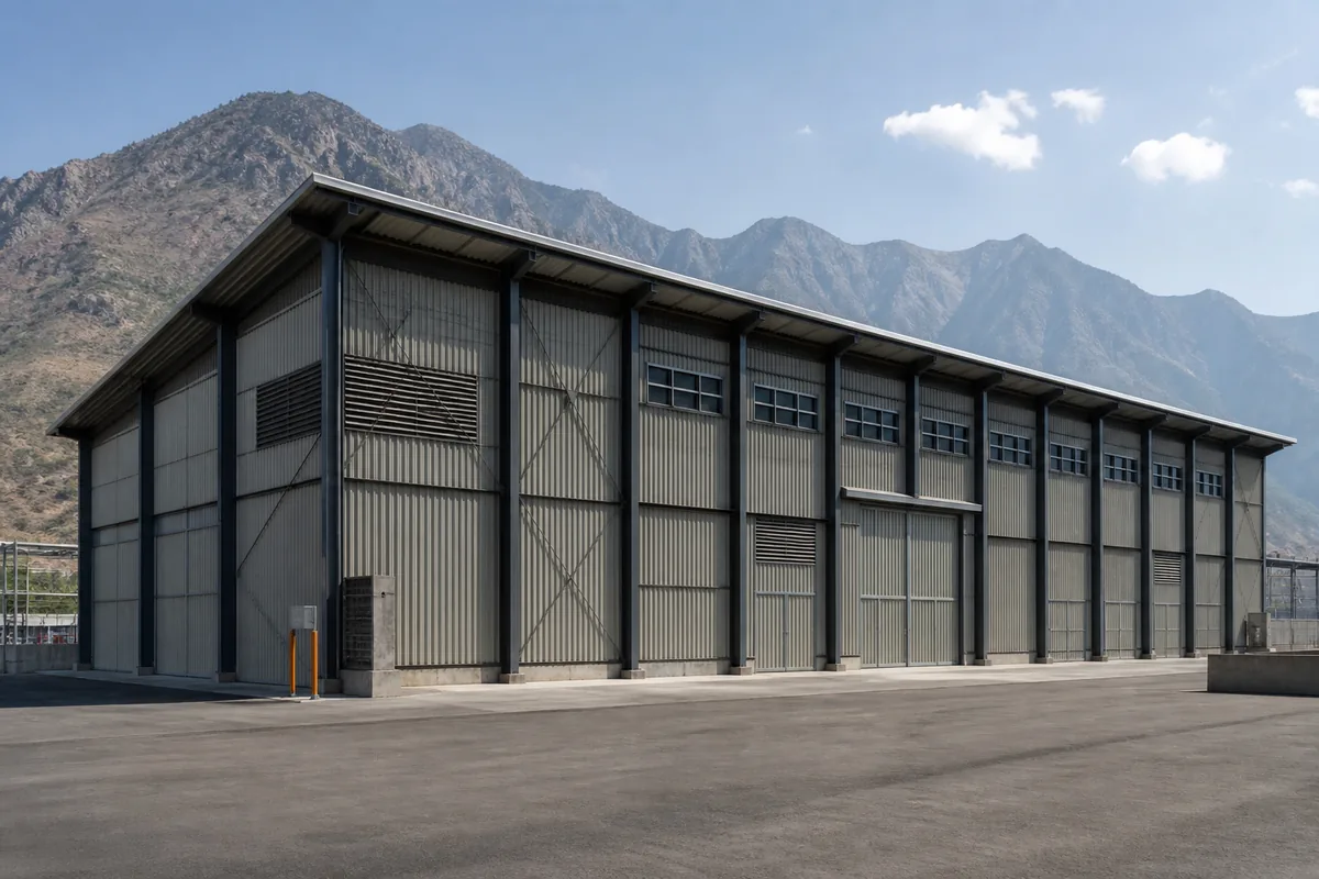 Earthquake resistant industrial steel building with regular frames and symmetrical bracing