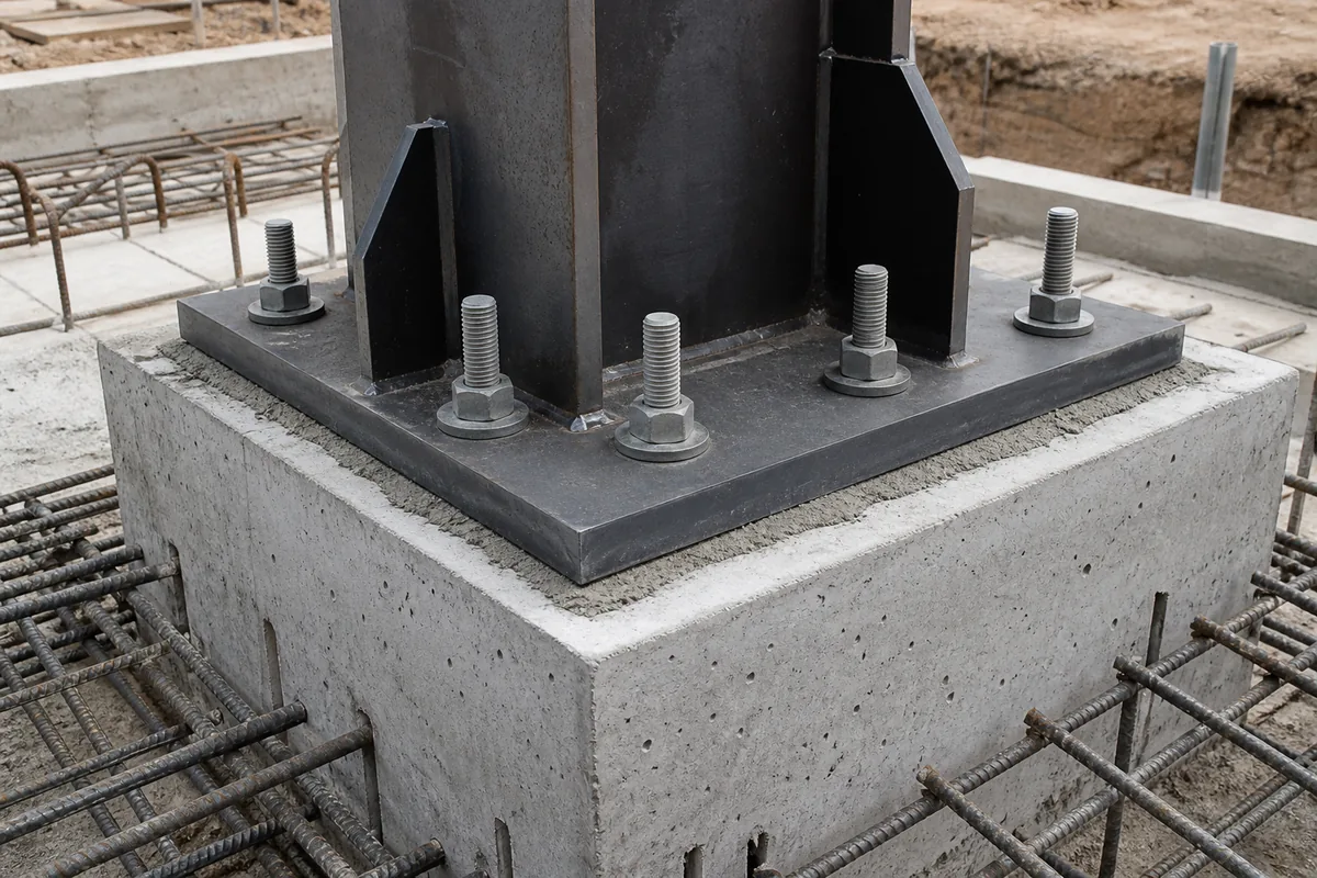 Steel column base plate anchor bolts and foundation reinforcement for seismic resistance