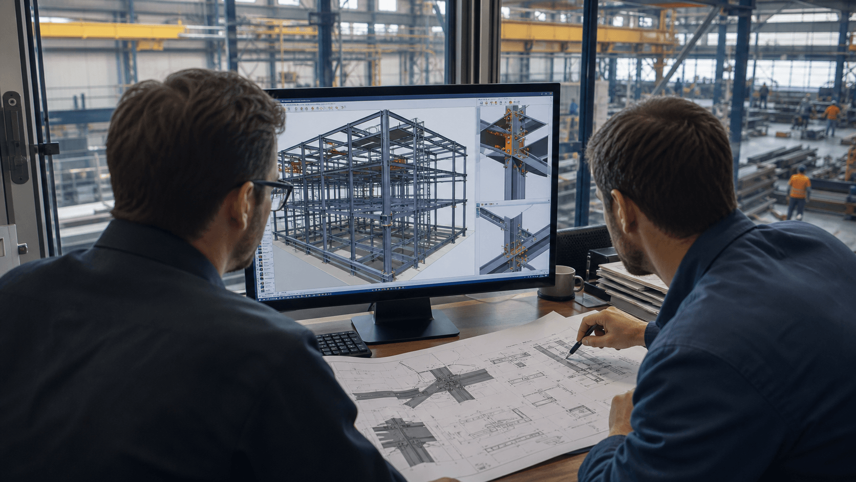 Engineers reviewing steel building BIM design and shop drawings