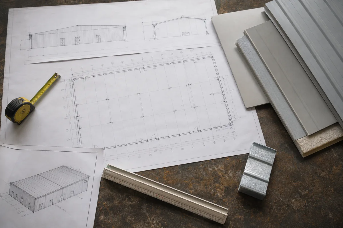 Steel building dimensions layout drawings and roof and wall material samples