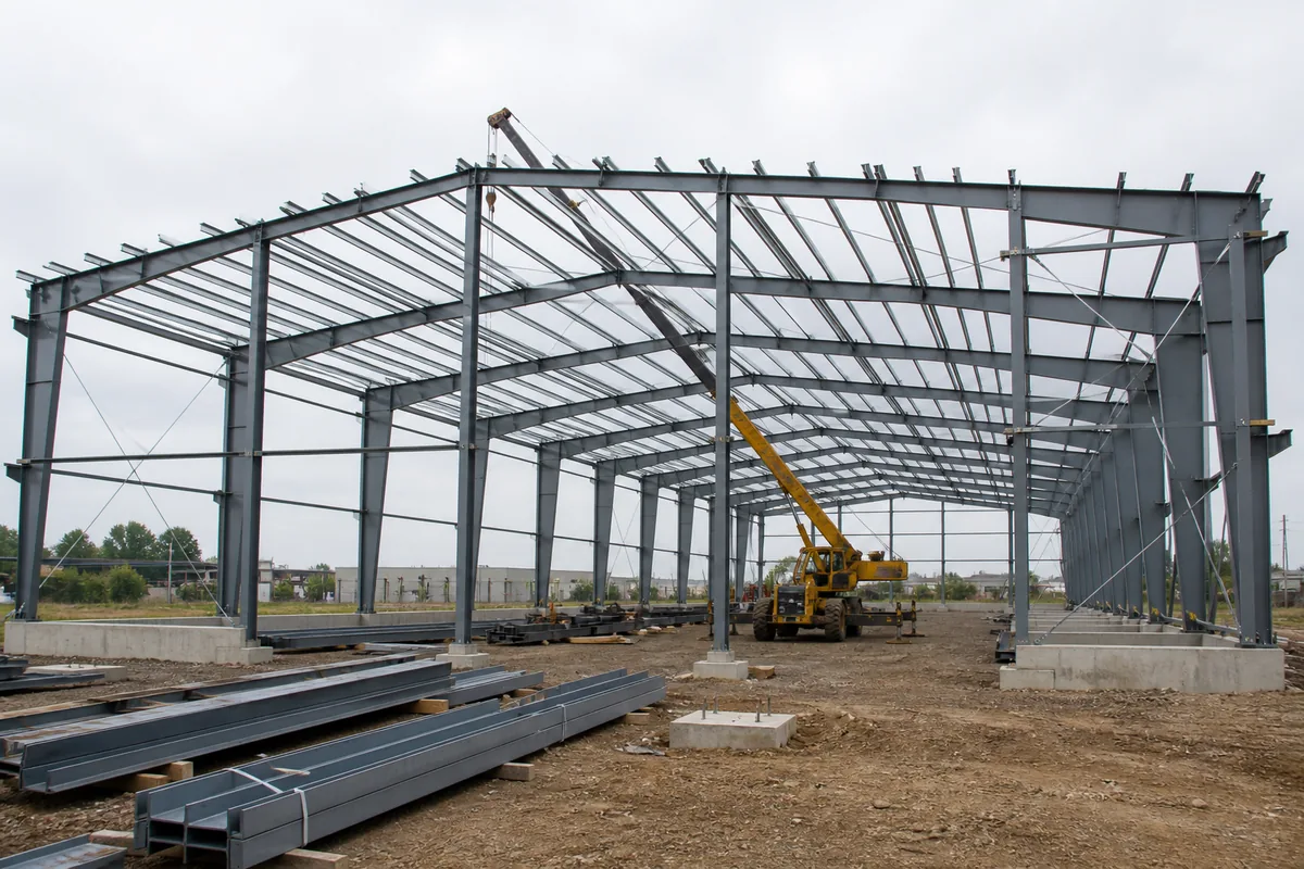 Steel structure building design shown through a real industrial steel frame under construction