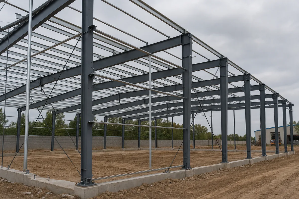 Steel building load calculations shown through portal frames, correas, columns and bracing