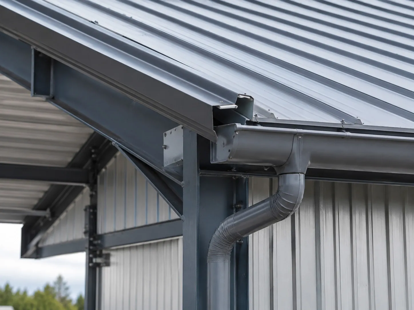 Steel building roof slope with gutter and drainage system