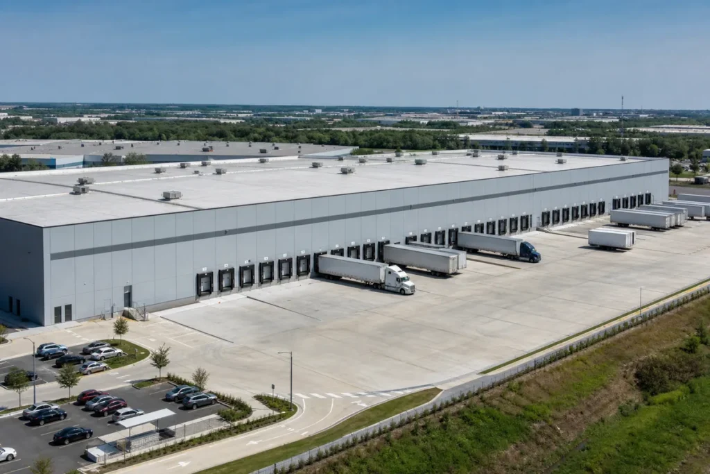 Centro de logística y distribución de acero con muelles de carga, pista de remolques y camiones