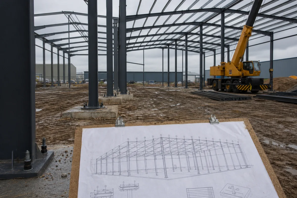Steel erection drawing coordinated with portal-frame installation on site