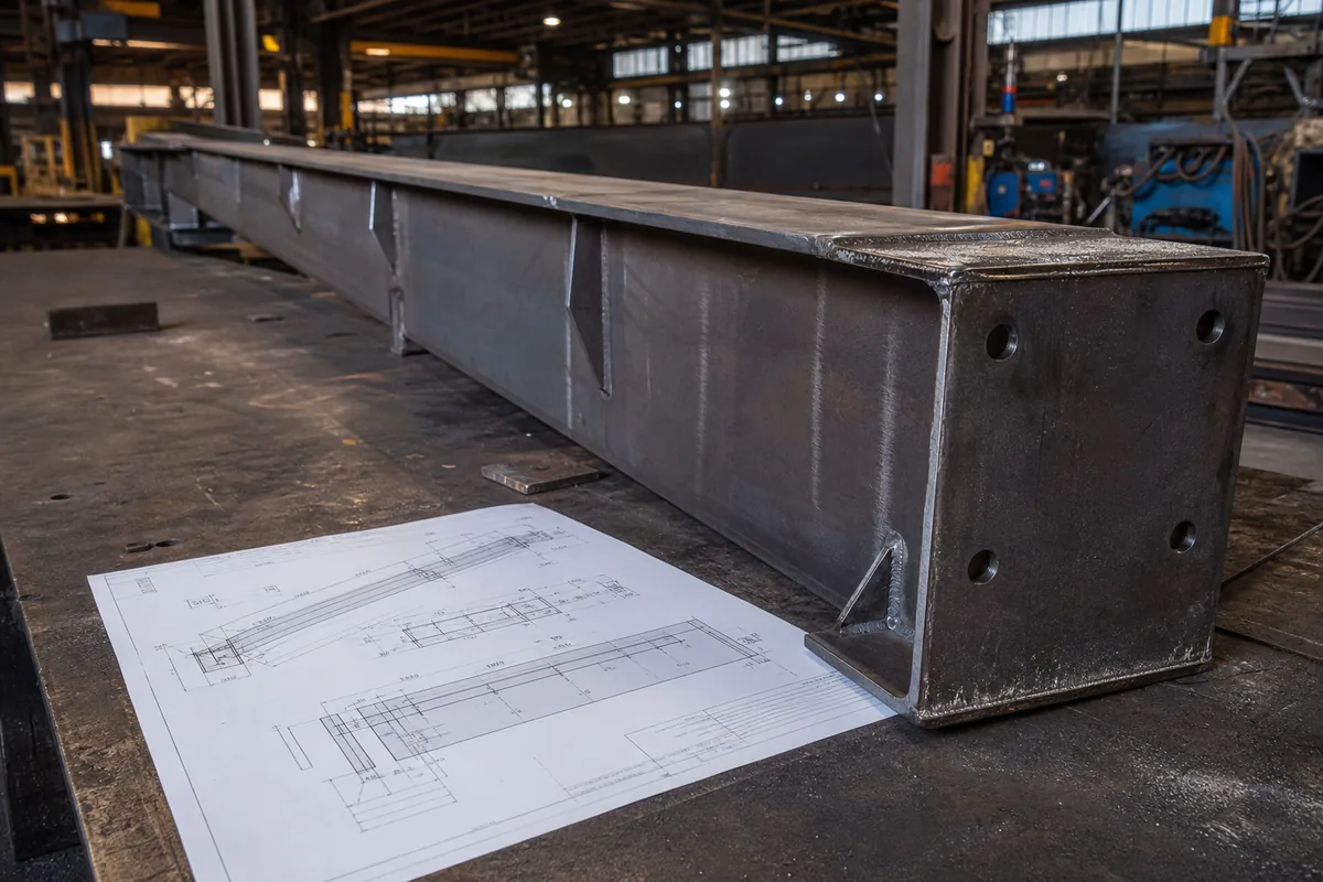Steel fabrication drawing beside a welded structural steel member in the workshop