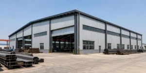 Edificio de taller de fabricación de acero para procesamiento de metales con grandes puertas industriales y almacenamiento de material de acero