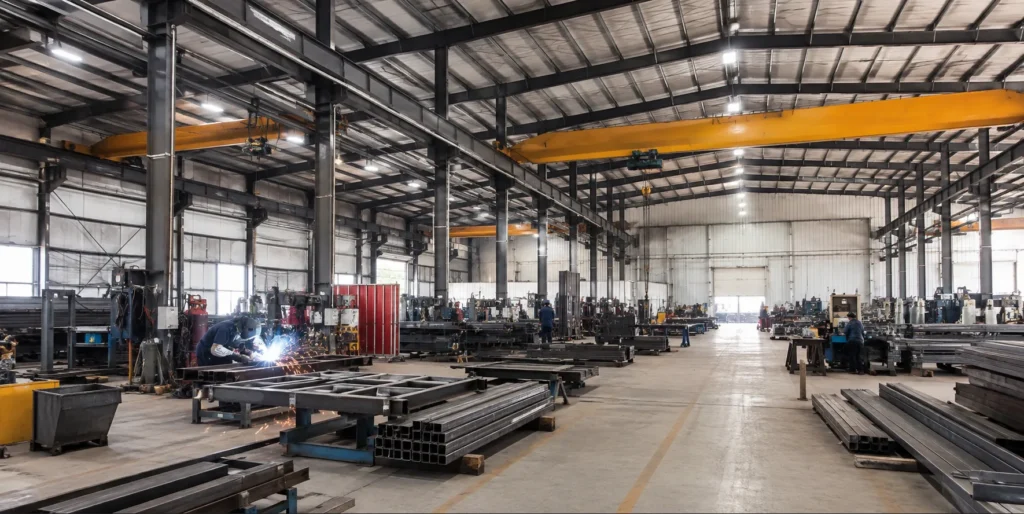 Interior del edificio del taller de fabricación de acero con puente grúa para el área de soldadura y estaciones de trabajo de procesamiento de metales