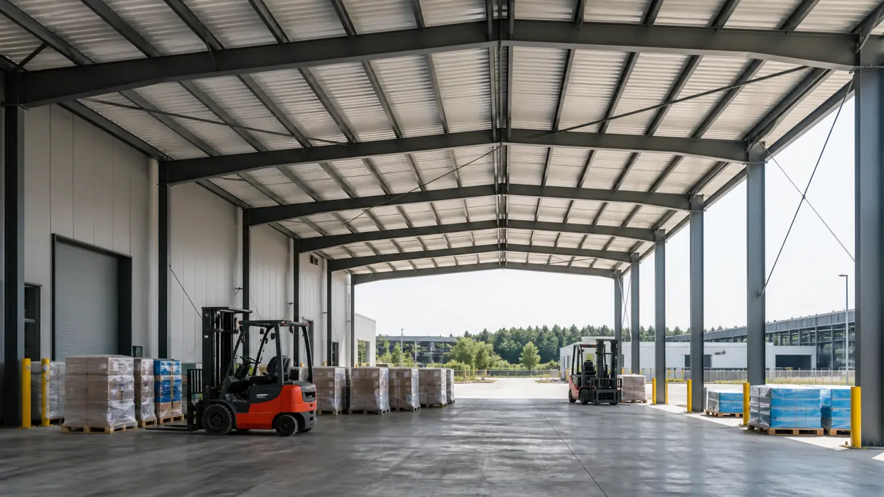 Steel loading canopy protecting industrial equipment and loading operations