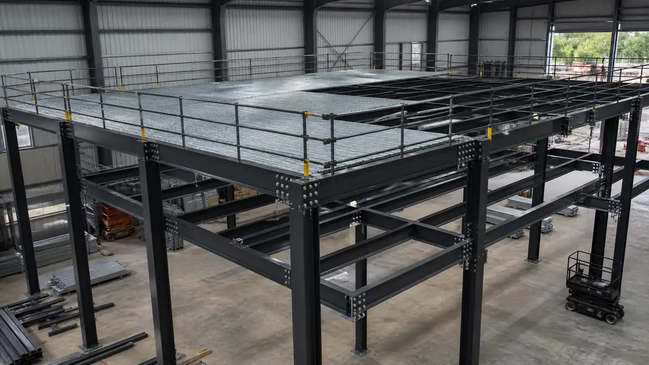 Steel mezzanine floor framework installation for an industrial warehouse