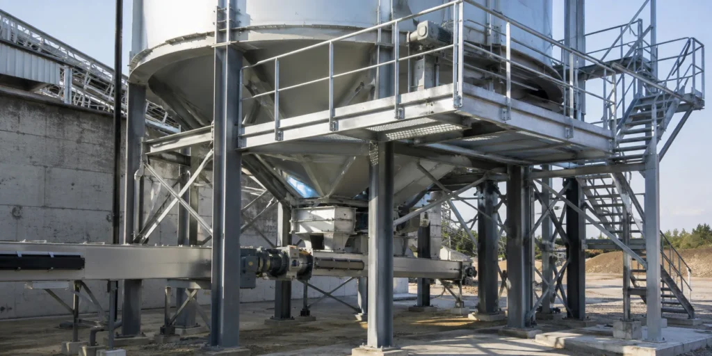 Steel silo support structure with access platform stairs cross bracing and hopper discharge equipment