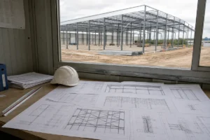 Steel structure drawings reviewed beside an industrial steel building project