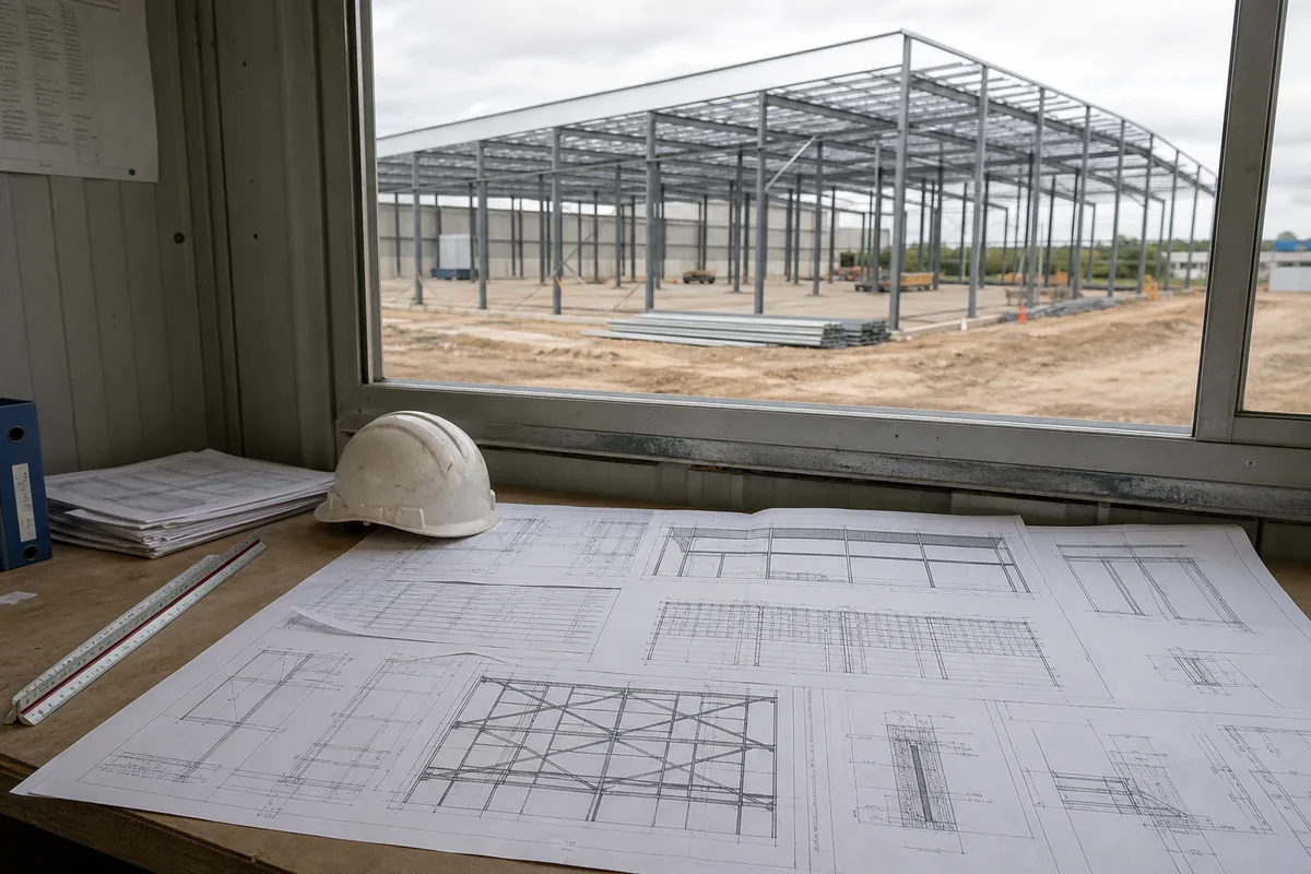Steel structure drawings reviewed beside an industrial steel building project