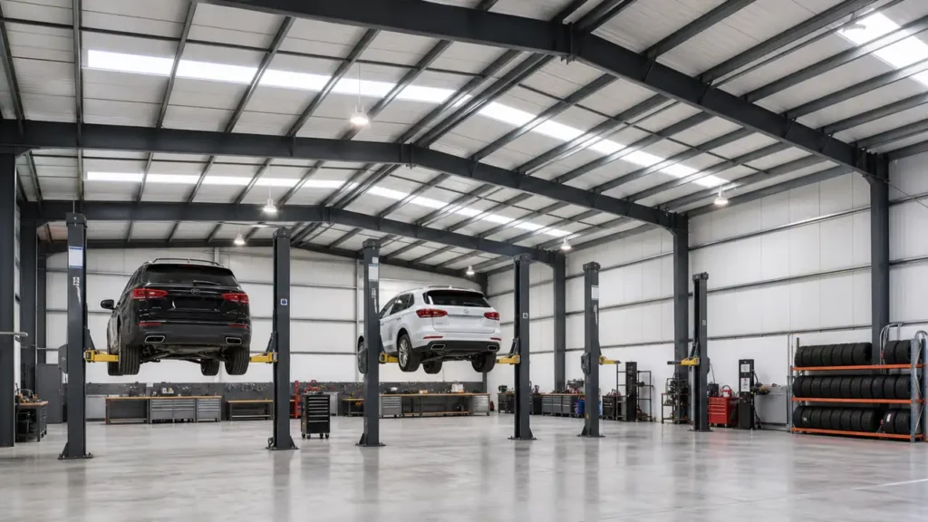 Steel vehicle service center interior with repair bays and equipment space