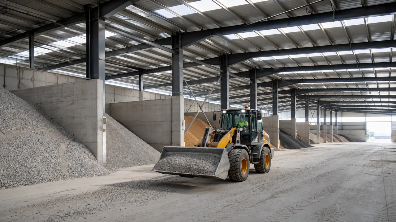 Steel bulk material storage warehouse with front-end loader and aggregate handling