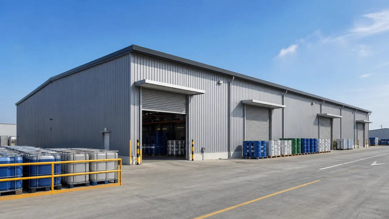 Steel warehouse building for chemical storage with loading access