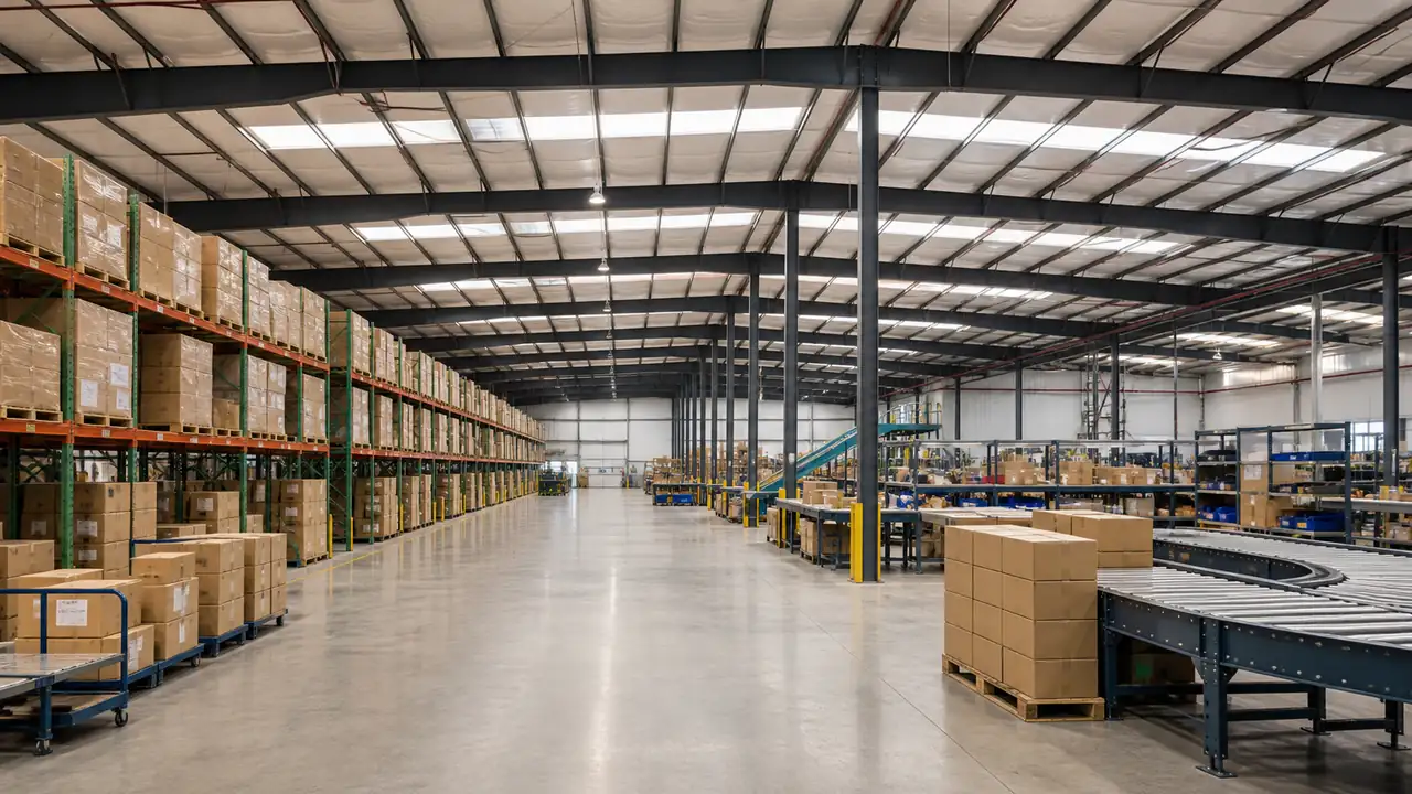 Steel warehouse interior for e-commerce picking packing and order processing