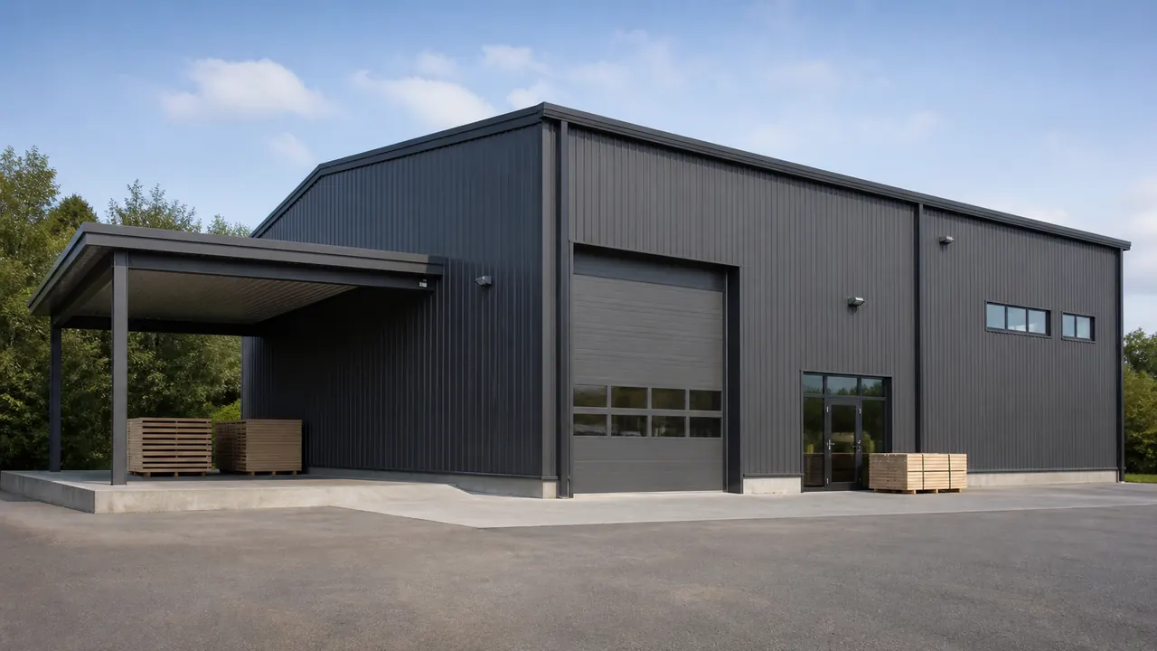 Steel woodworking workshop building with covered material receiving area