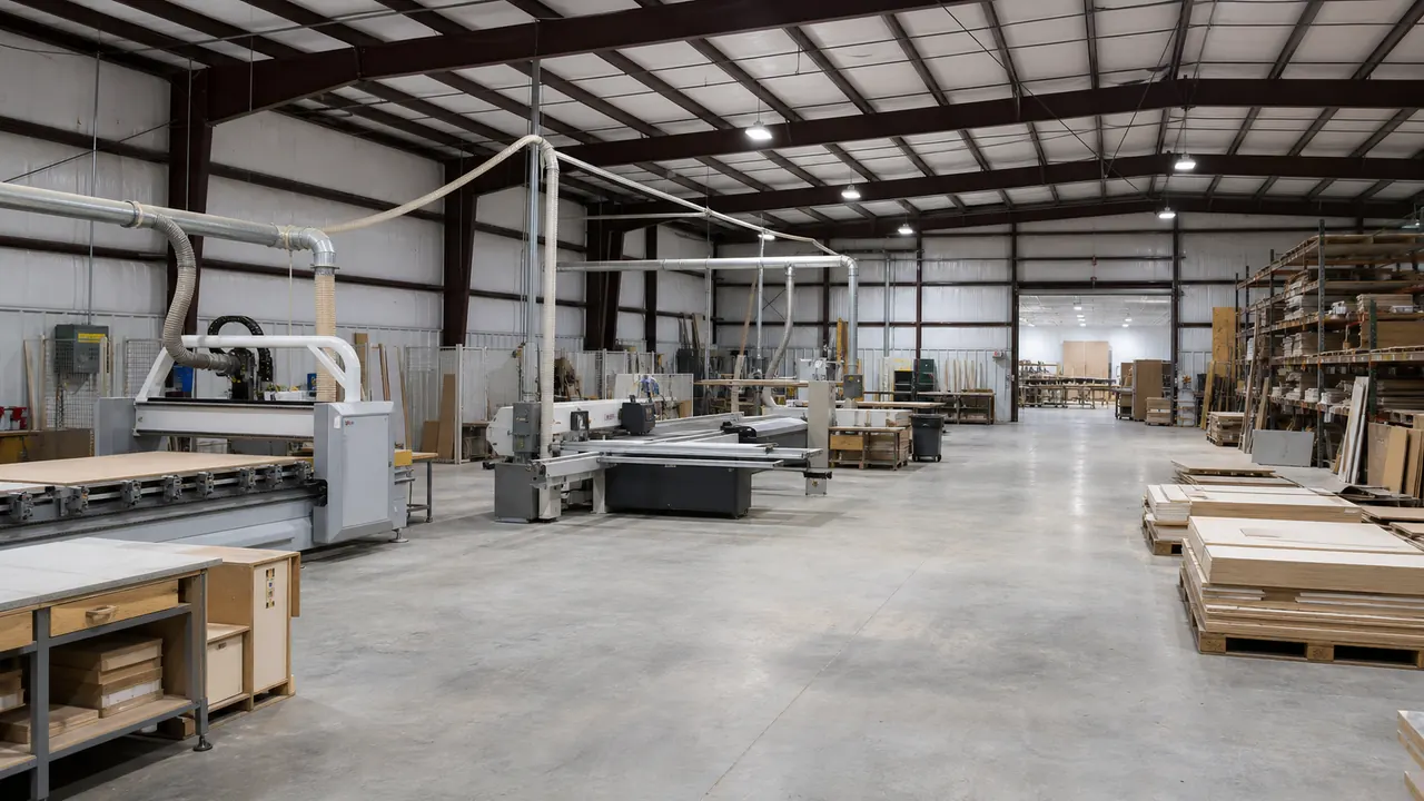 Interior layout of a steel woodworking workshop with dust collection and machining zones