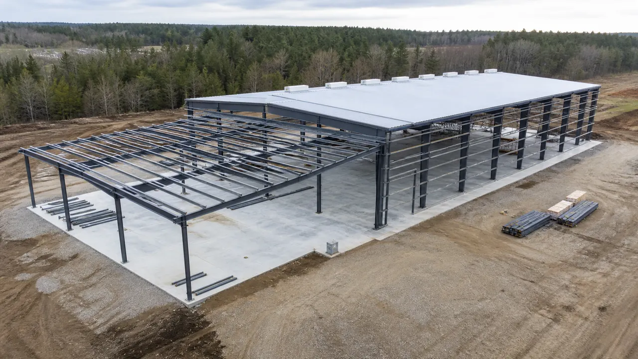 Steel workshop building under construction for woodworking and cabinet manufacturing