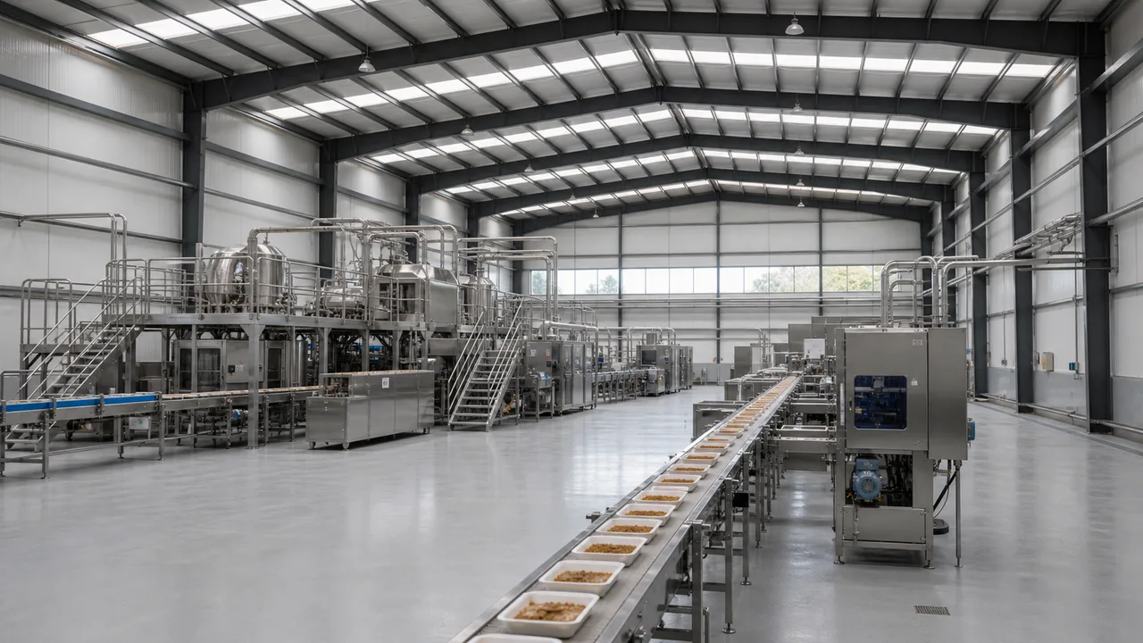 Steel workshop building for food processing with insulated wall panels and clear-span interior