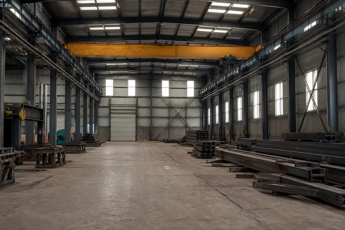 Steel workshop span coordinated with overhead bridge crane runway beams