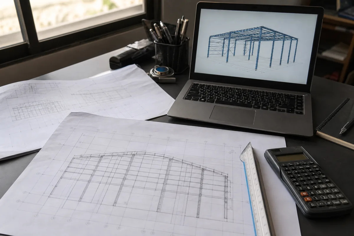 Structural engineer reviewing a steel building analysis model and framing drawings