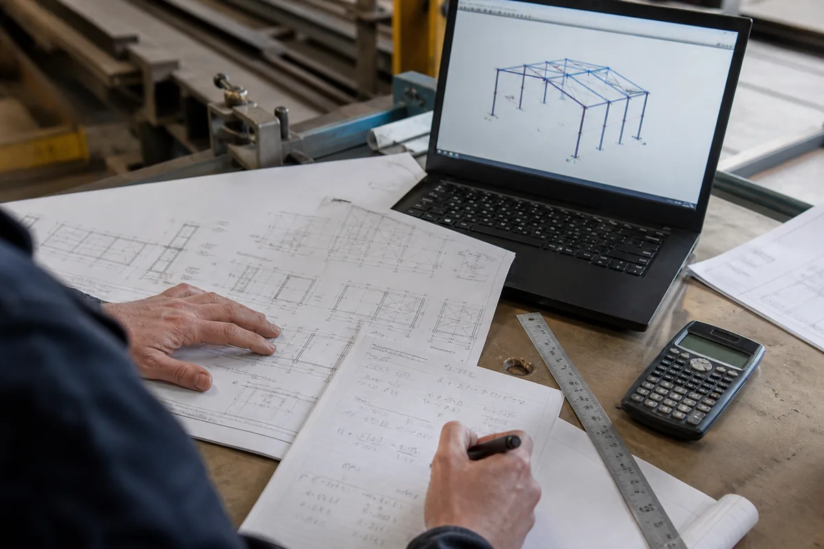 Engineer reviewing structural drawings and steel building load calculations