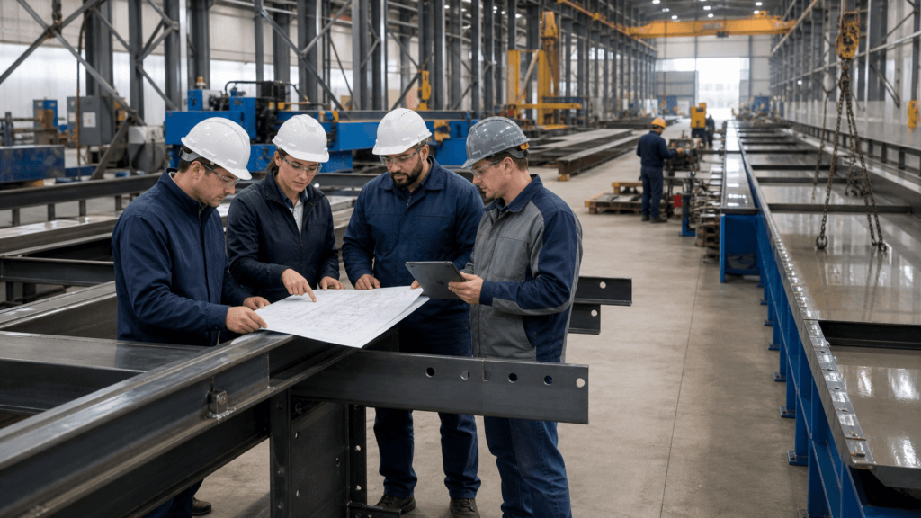 Structural steel fabrication process with engineers reviewing shop drawings in a modern fabrication facility