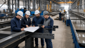 Structural steel fabrication process with engineers reviewing shop drawings in a modern fabrication facility