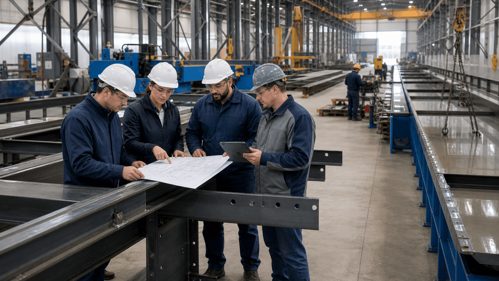 Structural steel fabrication process with engineers reviewing shop drawings in a modern fabrication facility