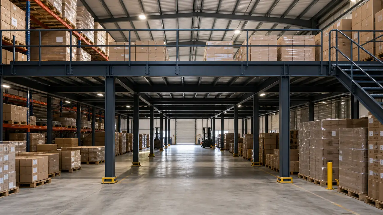 Steel mezzanine platform for pallet storage inside a warehouse