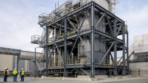 Steel boiler support structure with braced frames, equipment levels, stairs and maintenance platforms