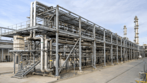 Industrial steel pipe rack structure carrying process pipelines and cable trays