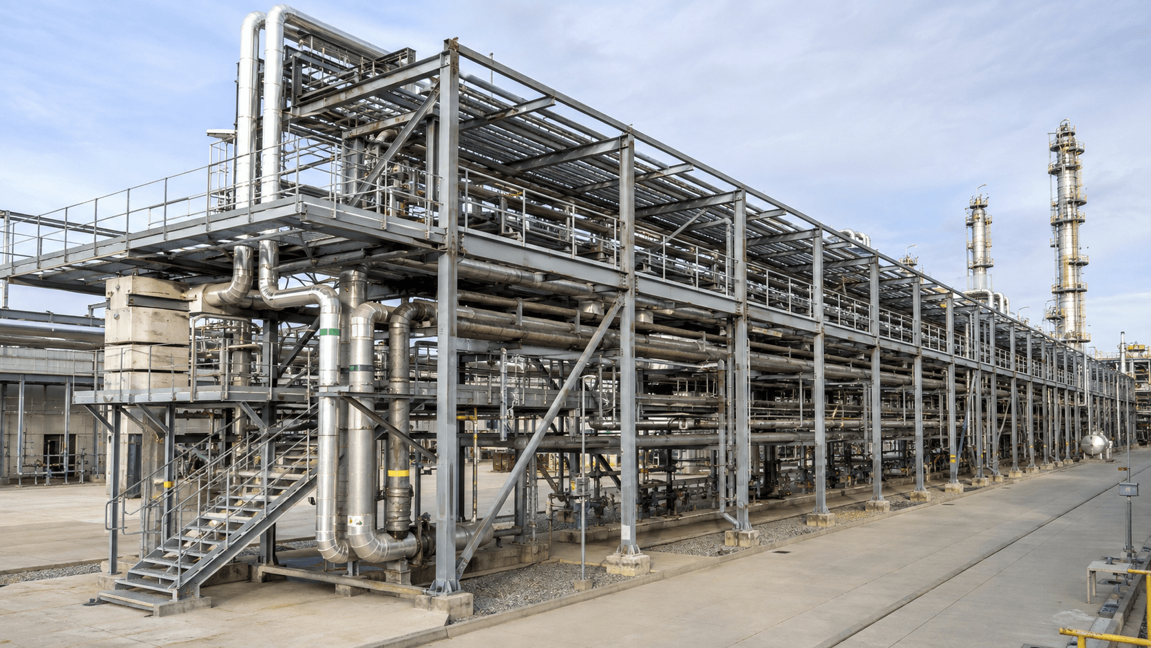 Industrial steel pipe rack structure carrying process pipelines and cable trays
