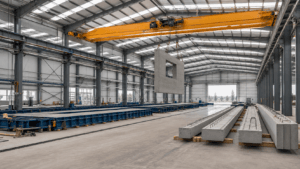 Precast concrete workshop building with casting beds and an overhead bridge crane